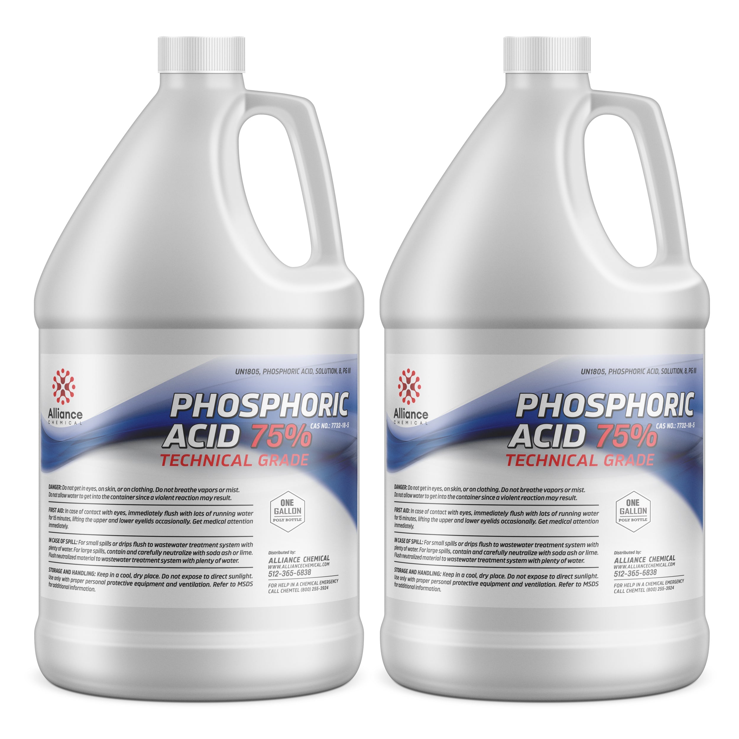 1-gallon containers (2) of 75% Technical Grade Phosphoric Acid in white HDPE jugs with safety warnings, Alliance Chemical brand, UN1805 classification.